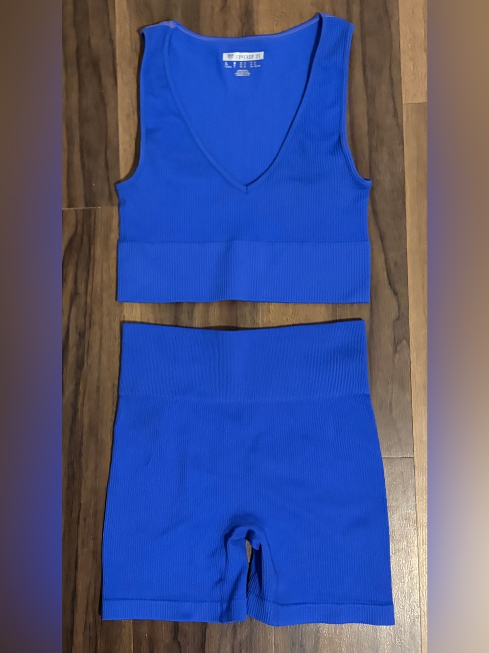 Forever 21 Royal Blue Ribbed V-Neck Crop Top & High-Waist Bike Shorts Set